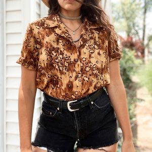 Vintage Animal Print Button Up Short Sleeve Top